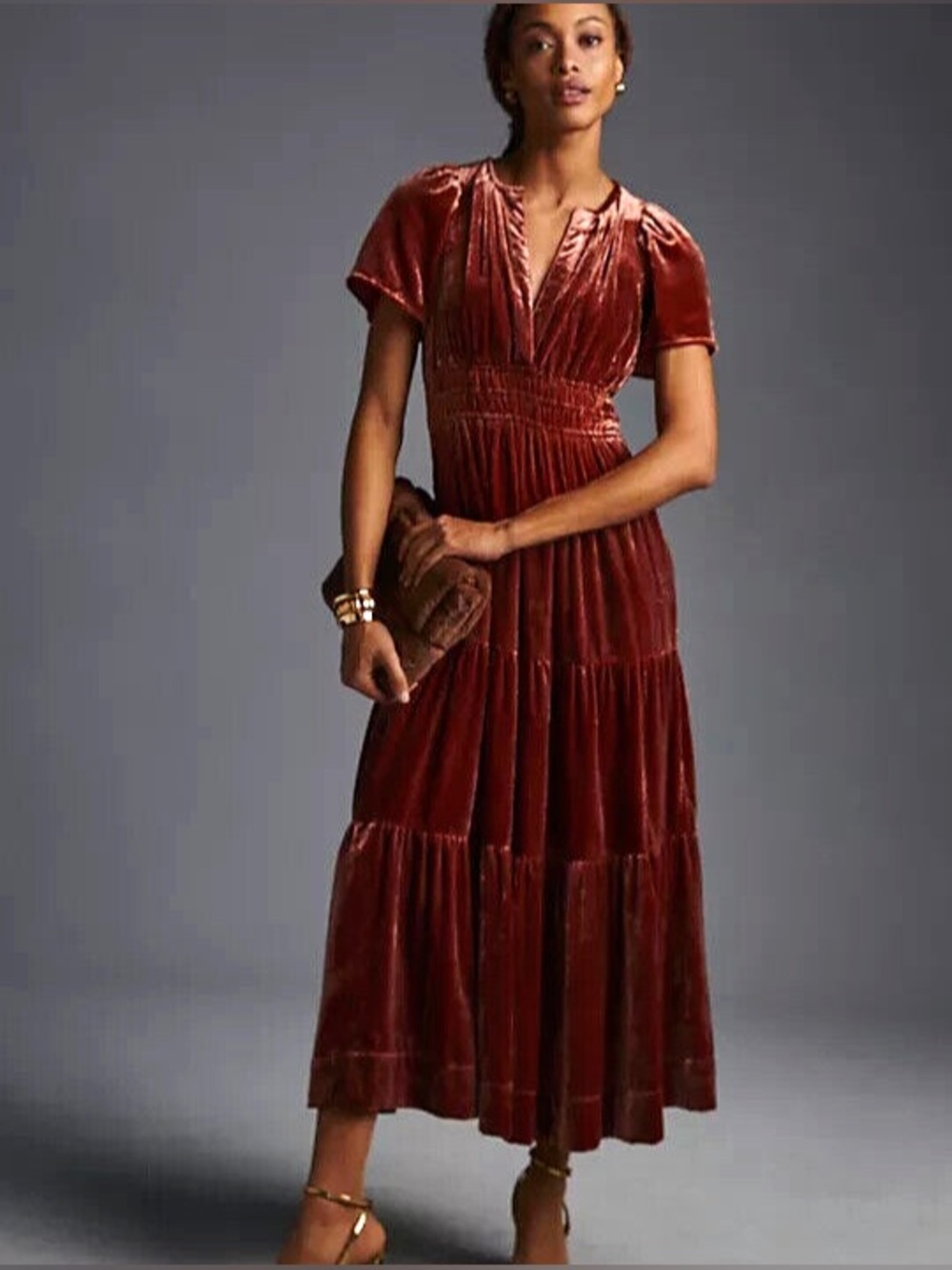 Anthropologie Velvet Tiered Somerset Maxi Dress in Rust Red
